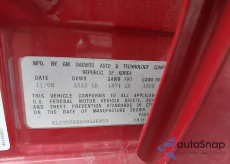 2009 Chevrolet Aveo Lt z USA, uszkodzony, nr VIN KL1TD56E69B626453